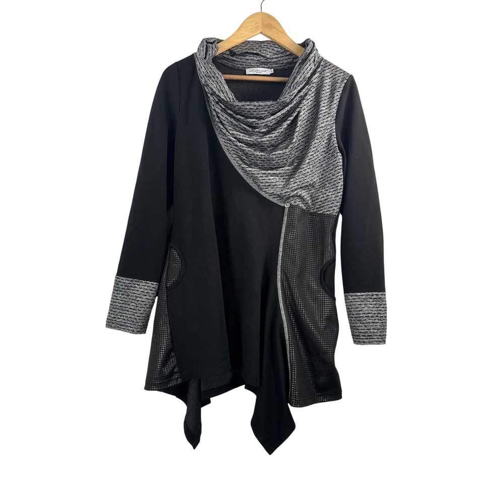 Dzhavael Couture Tunic XL Black Gray Avant Garde Cowl Neck Asymmetric Hem Top
